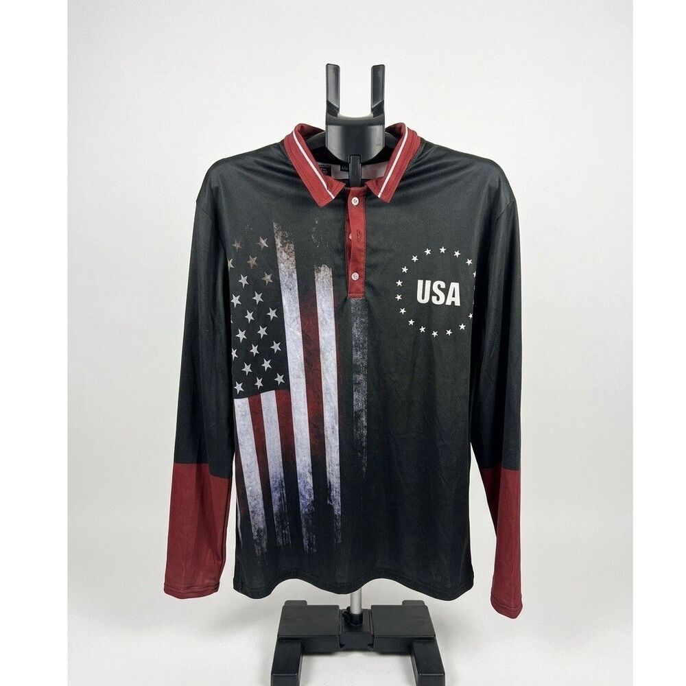 USA Flag Print Polo Long Sleeve Shirt Black Red 3XL